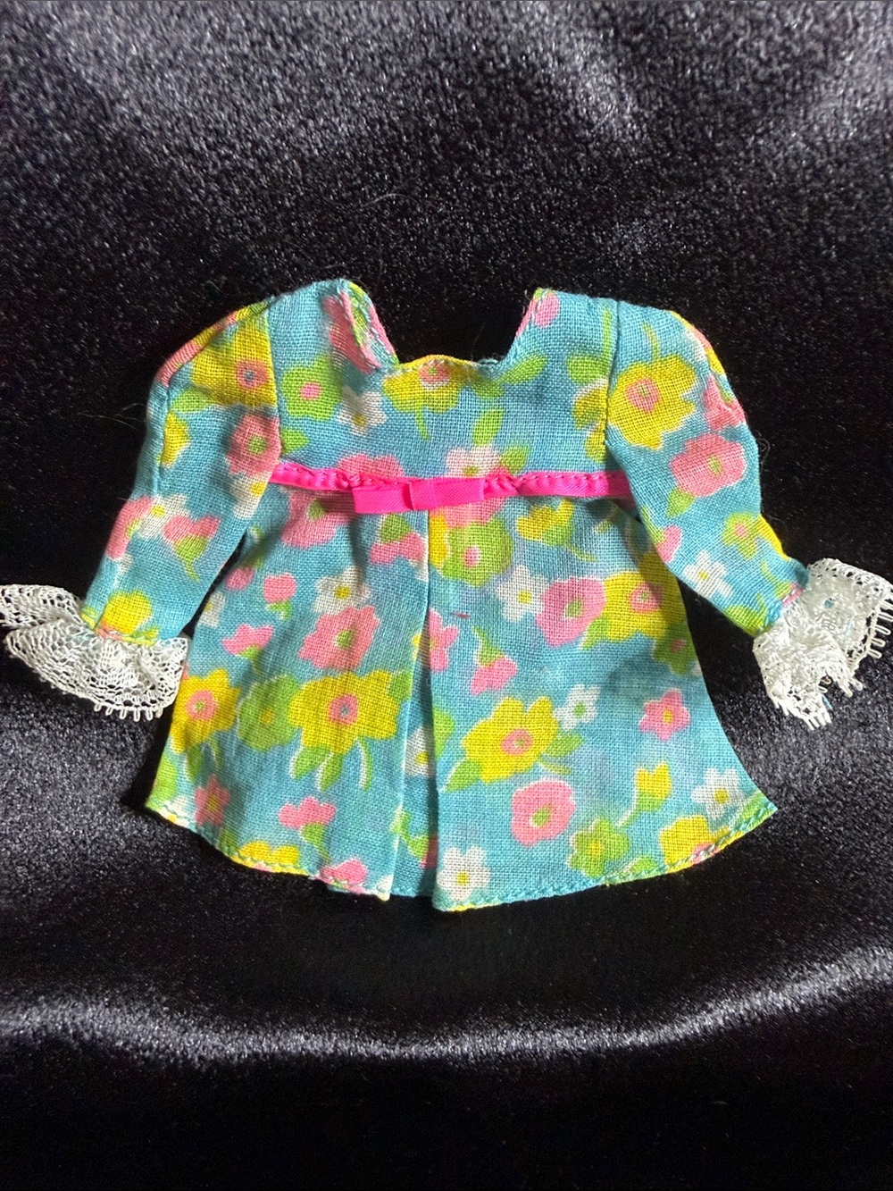 Vintage Barbie Floral Blue Doll Dress with Pink Ribbon and Lace Cuffs 60-70’s